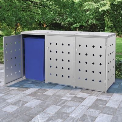 vidaXL 2.1 x 0.8 m Stainless Steel Triple Wheelie Bin Shed