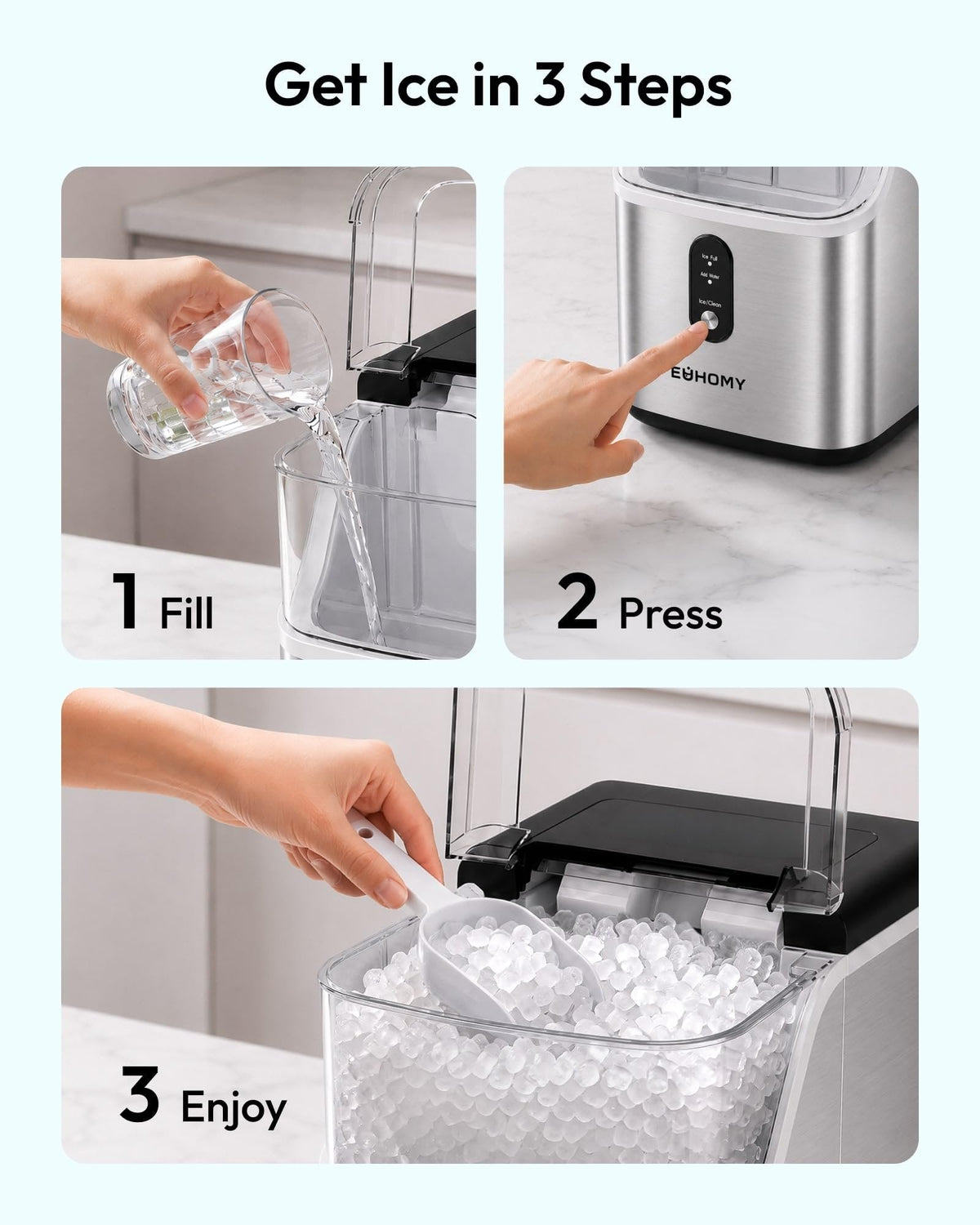 EUHOMY IM013-NSI-USEH Nugget Ice Maker Stainless Steel 15.9 kg/24h