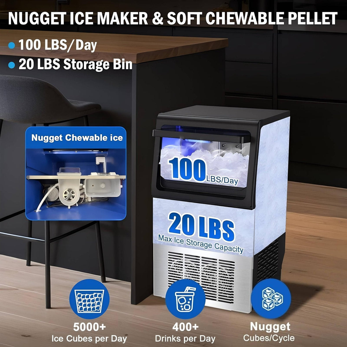 VT-KRL30J Nugget Ice Maker Stainless Steel 45.4 kg/24h