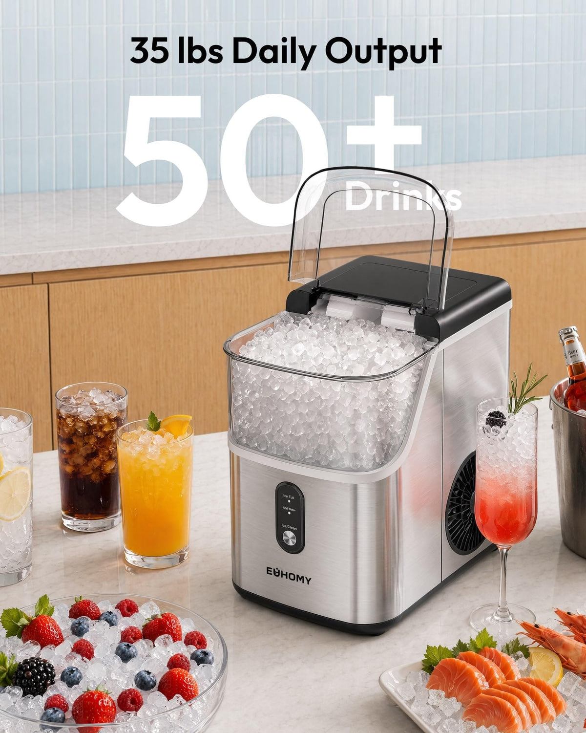 EUHOMY IM013-NSI-USEH Nugget Ice Maker Stainless Steel 15.9 kg/24h