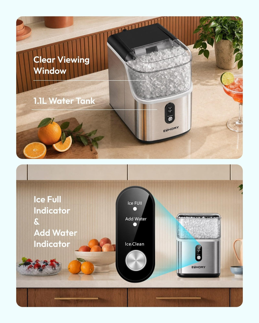 EUHOMY IM013-NSI-USEH Nugget Ice Maker Stainless Steel 15.9 kg/24h
